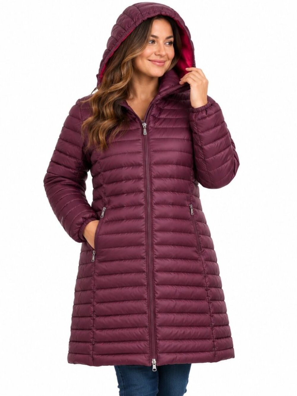 Eddie Bauer Down Puffer Coat Womens XL Burgundy Hooded Long Parka 2 Way Zip